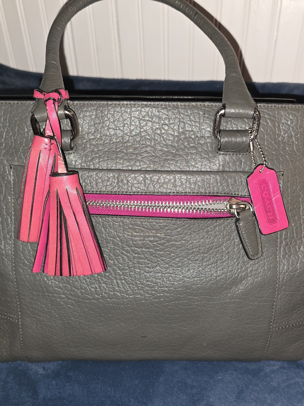 Coach Gray Leather Satchel with Pink Tassel and Trim